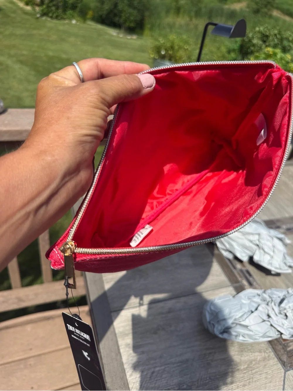 NWT True Religion Rhinestone Heart Toiletry Kit / Makeup Bag Red